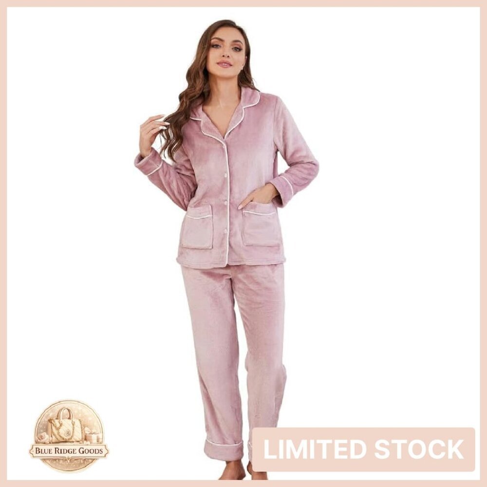 Fleece Pajama Set Long Sleeve Button-Down Soft Comfy Lounge Sleepwear